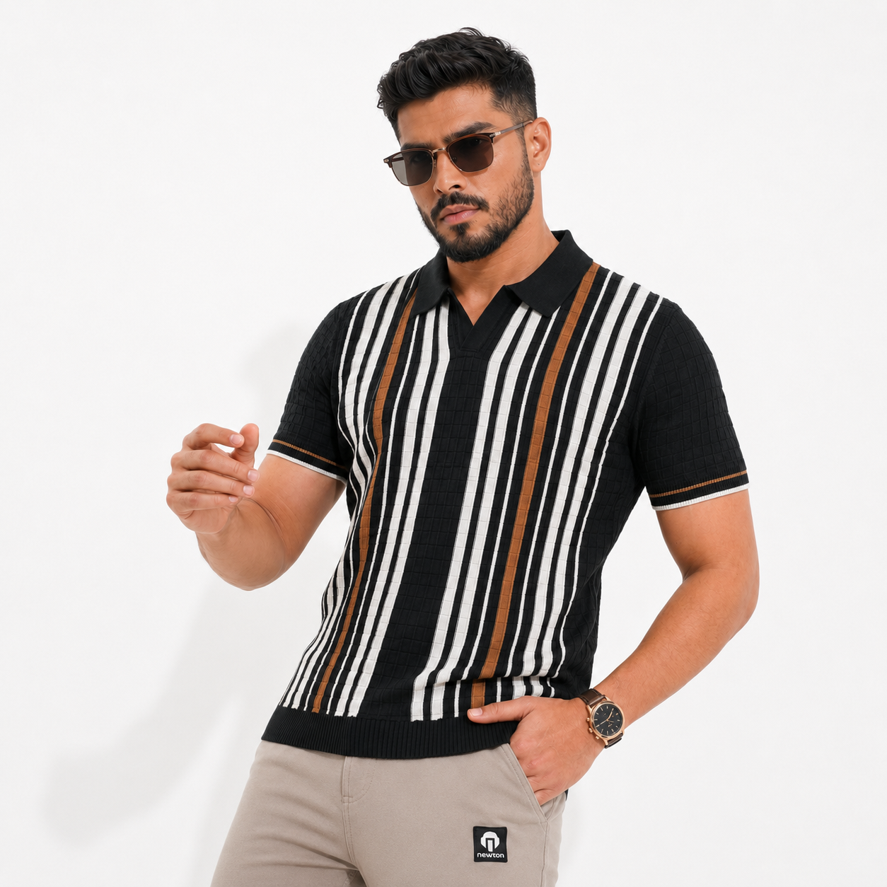 Men’s Premium Old Money Stripe Knit Polo - Black