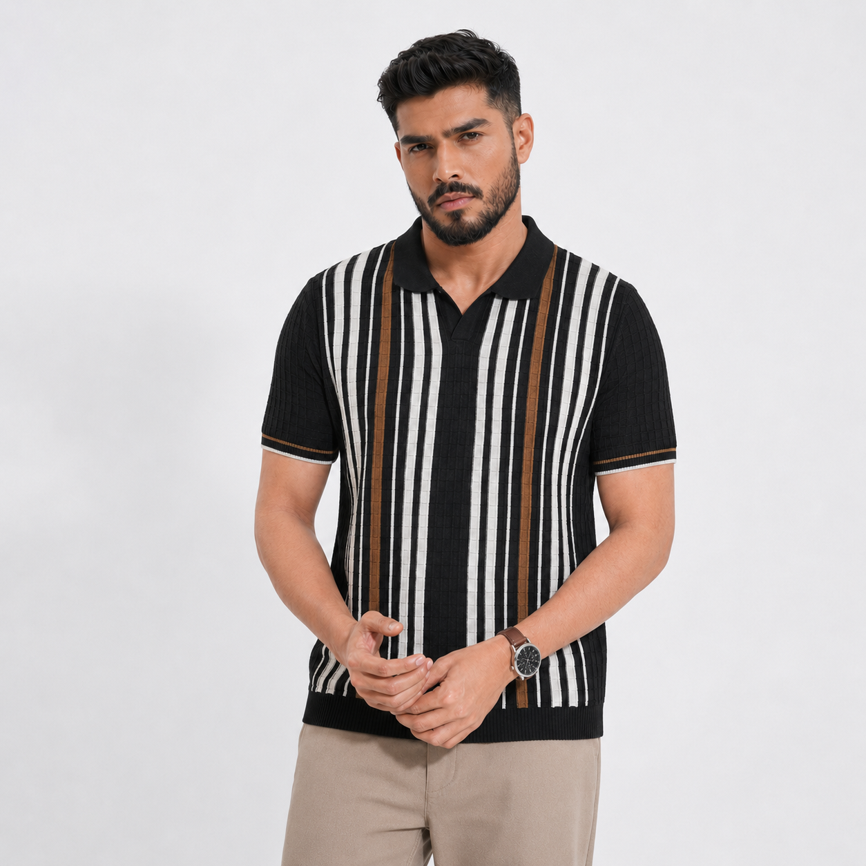 Men’s Premium Old Money Stripe Knit Polo - Black