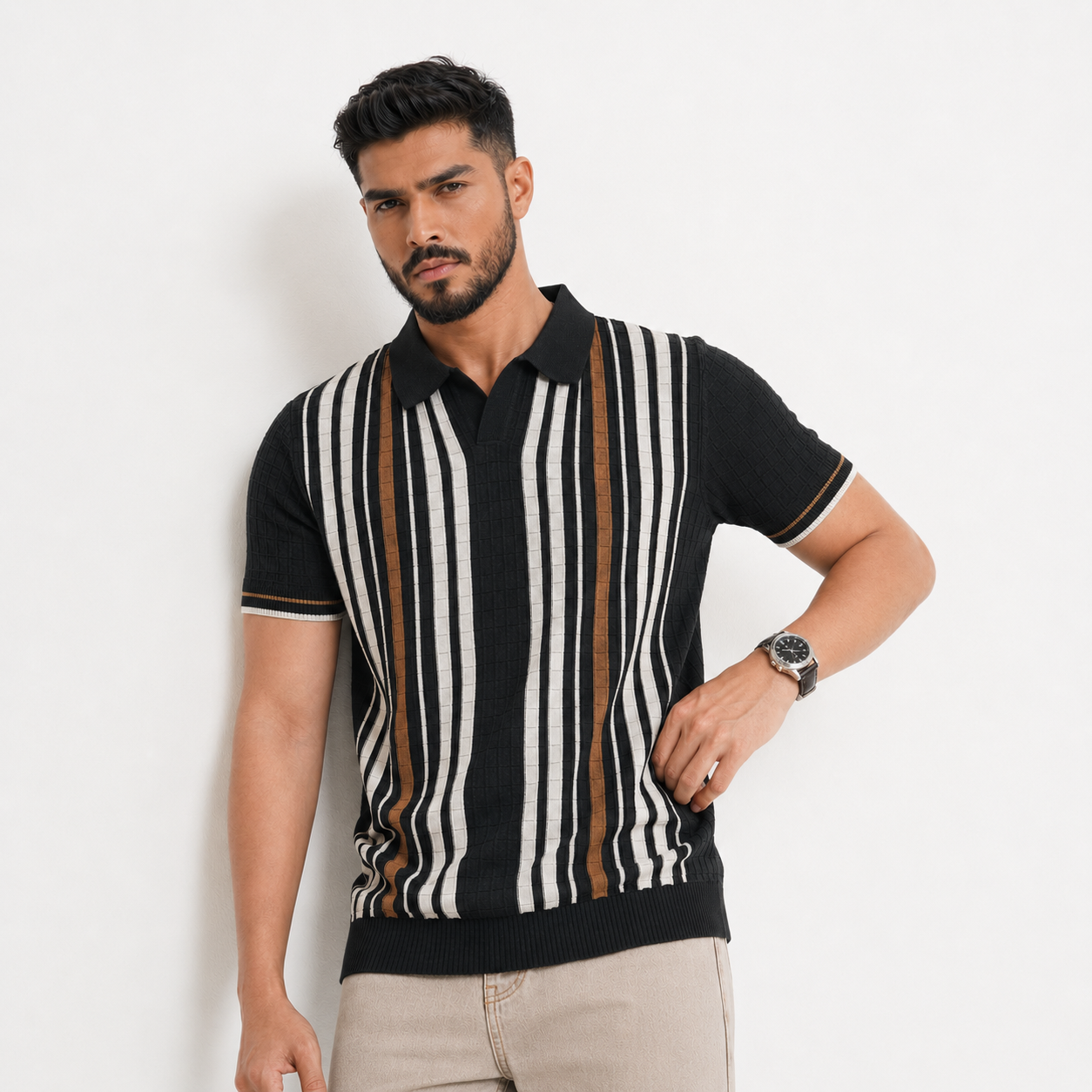 Men’s Premium Old Money Stripe Knit Polo - Black