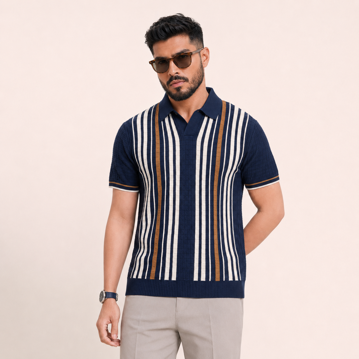 Men’s Premium Old Money Stripe Knit Polo - Navy Blue