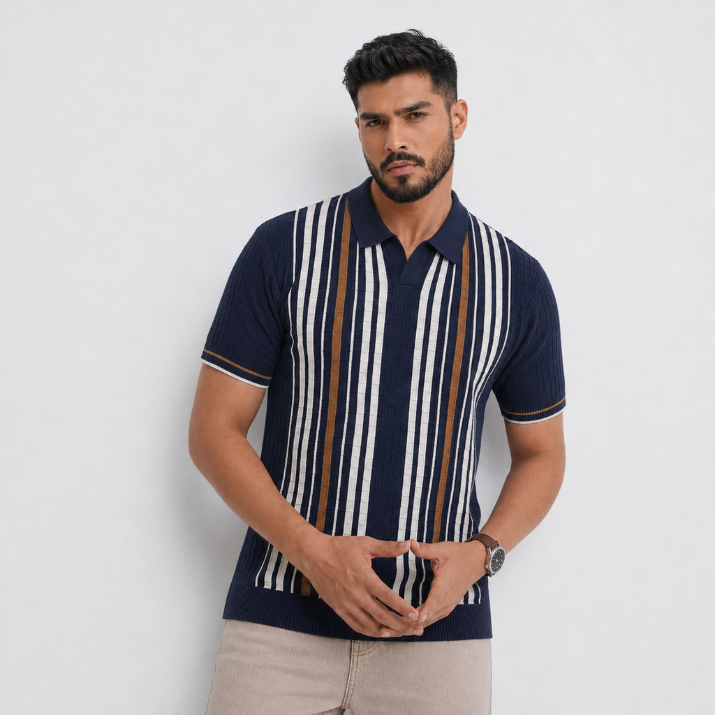Men’s Premium Old Money Stripe Knit Polo - Navy Blue