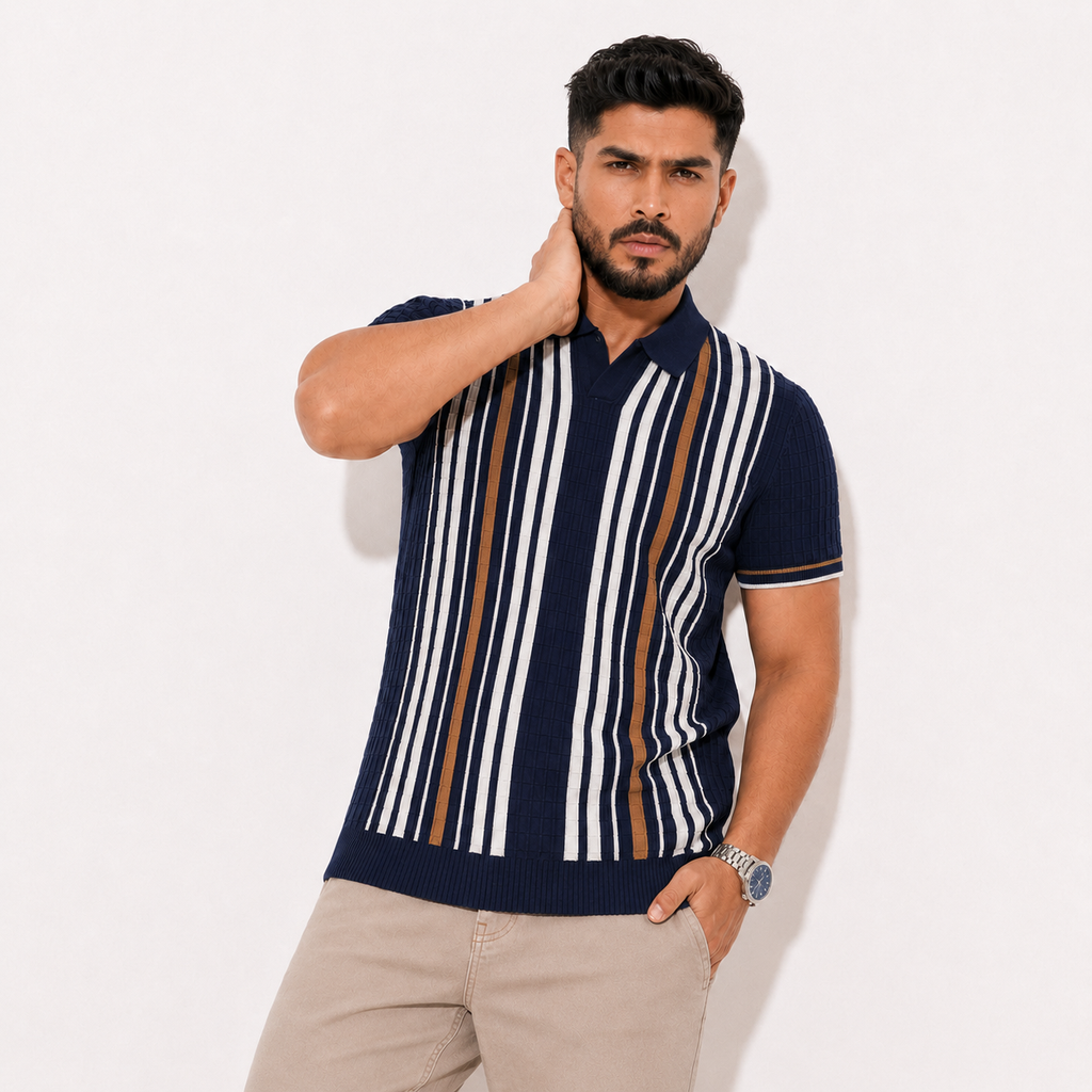 Men’s Premium Old Money Stripe Knit Polo - Navy Blue