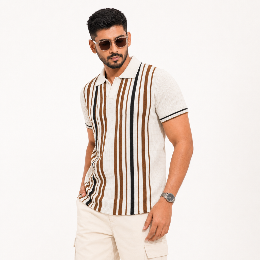 Men’s Premium Old Money Stripe Knit Polo - Ivory Cream