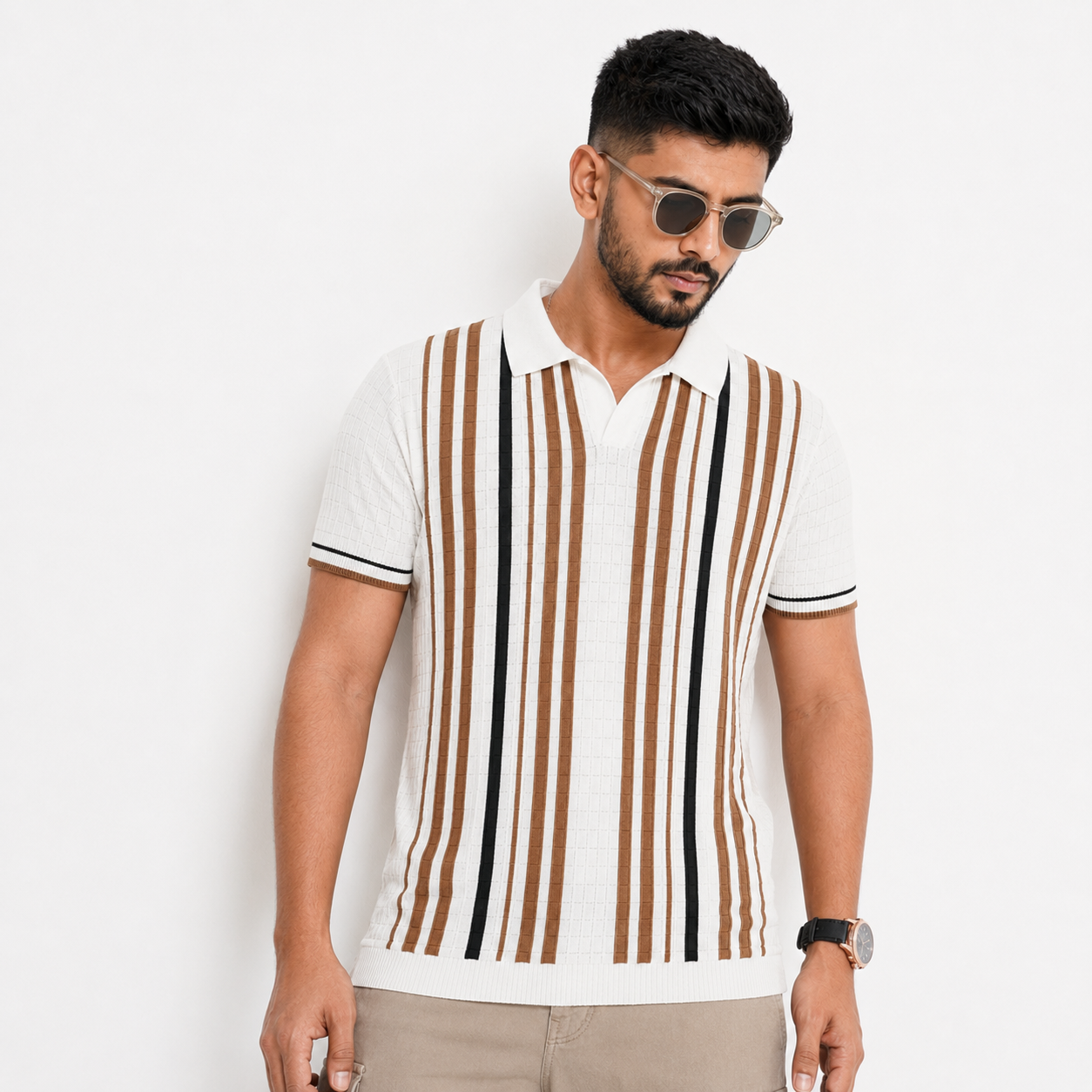 Men’s Premium Old Money Stripe Knit Polo - Ivory Cream