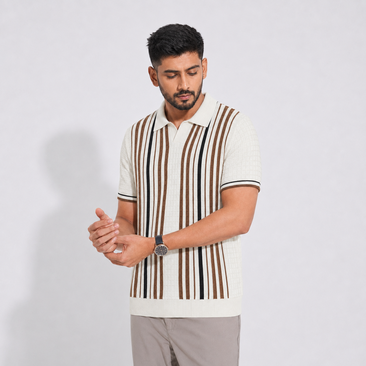 Men’s Premium Old Money Stripe Knit Polo - Ivory Cream