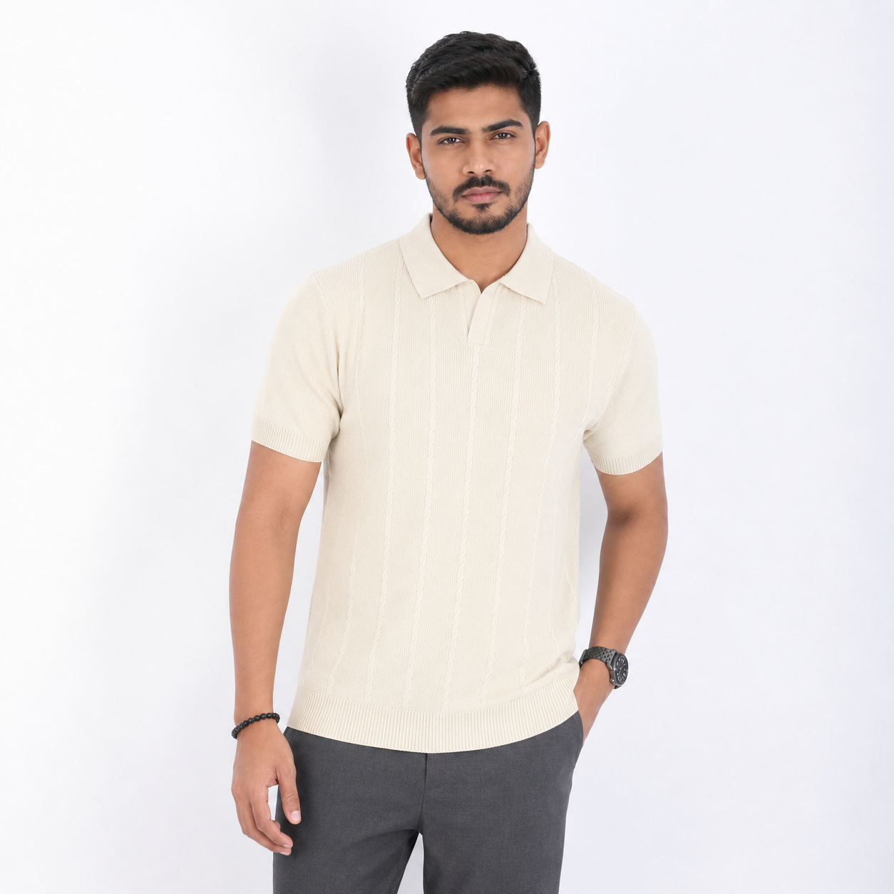 Men’s Premium Old Money Knit Polo Shirt - Ivory Cream
