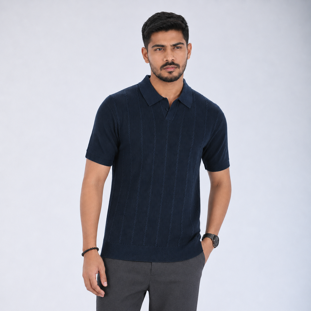 Men’s Premium Old Money Knit Polo Shirt - Deep Navy