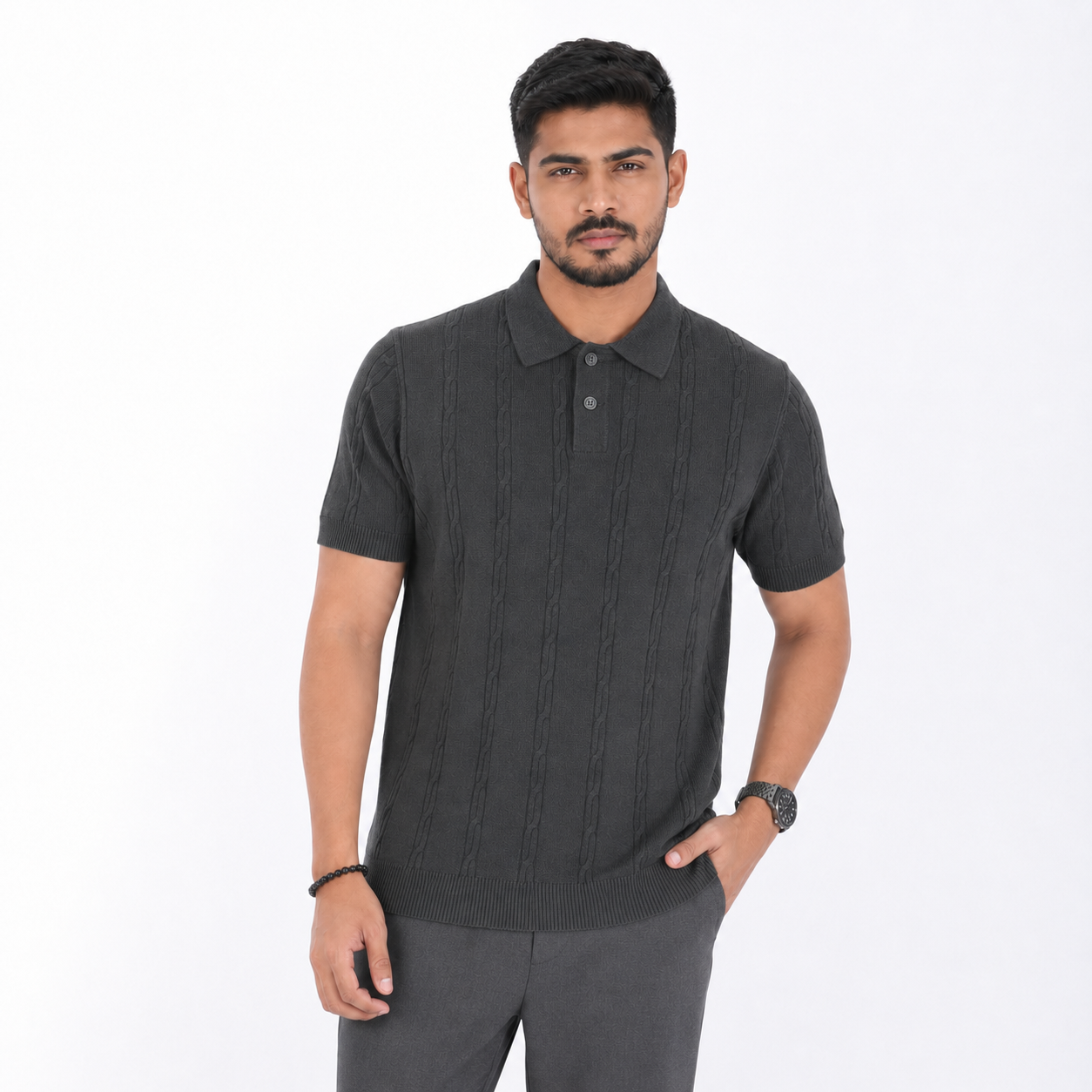 Men’s Premium Old Money Knit Polo Shirt – Charcoal Grey