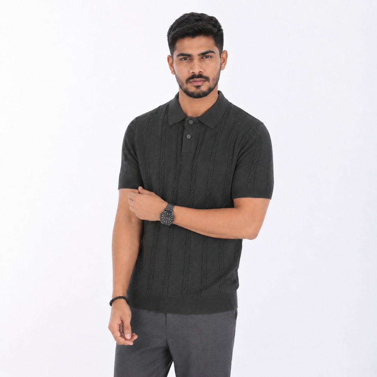 Men’s Premium Old Money Knit Polo Shirt – Charcoal Grey