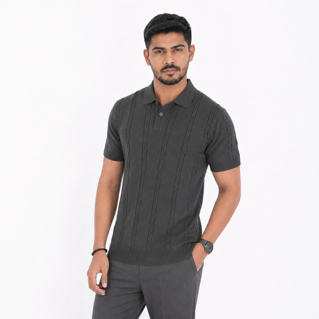 Men’s Premium Old Money Knit Polo Shirt – Charcoal Grey