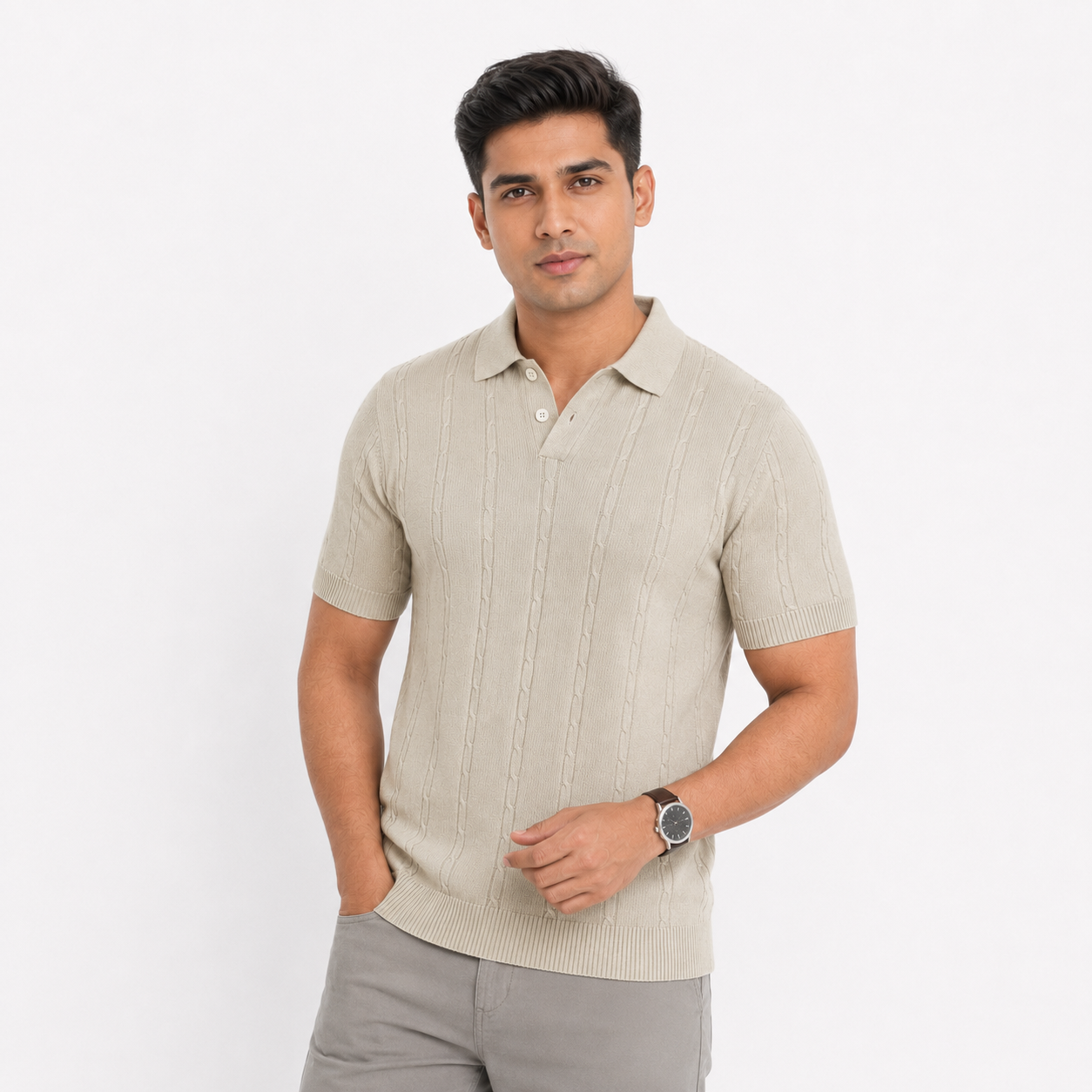 Men’s Premium Old Money Knit Polo Shirt – Soft Sand Beige