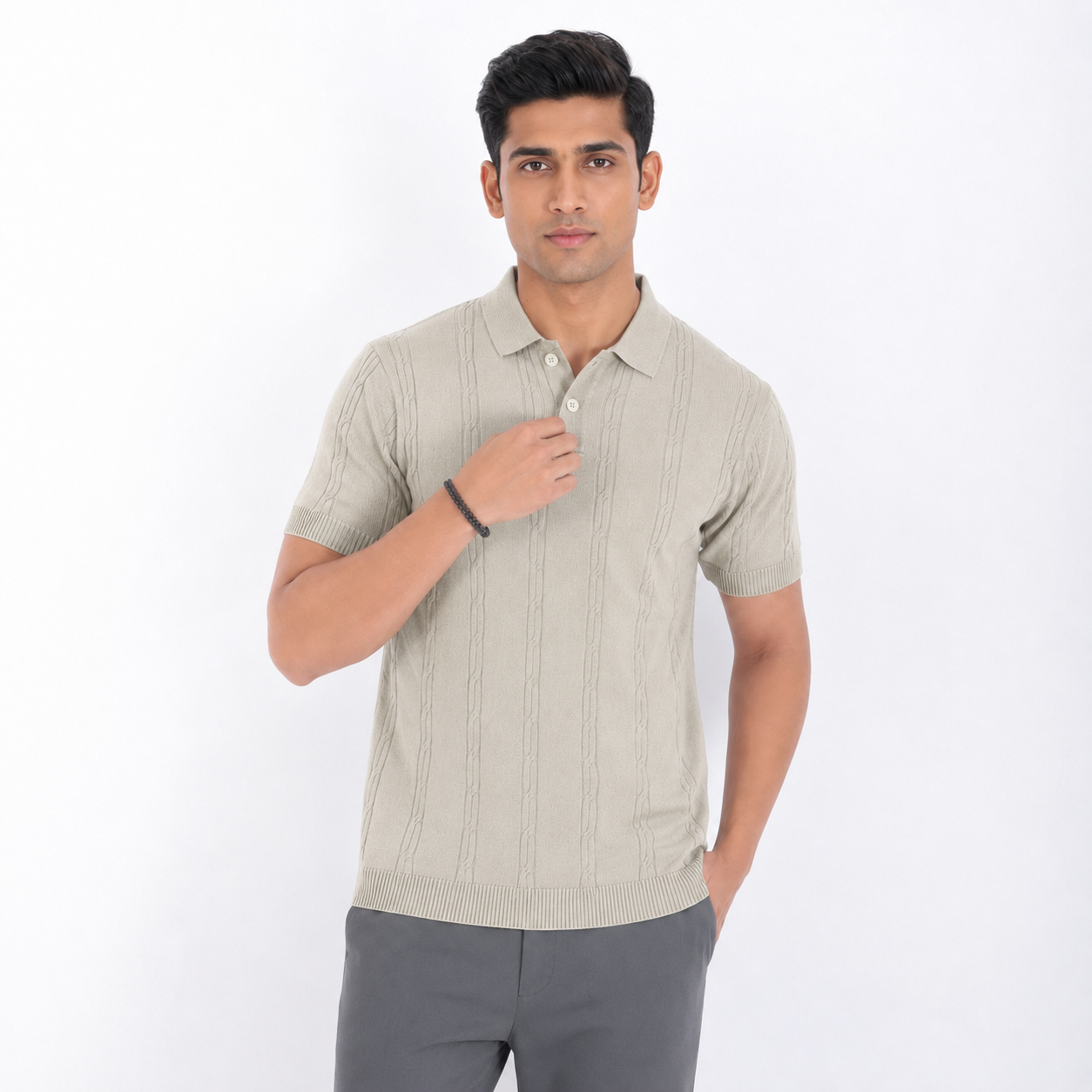 Men’s Premium Old Money Knit Polo Shirt – Soft Sand Beige