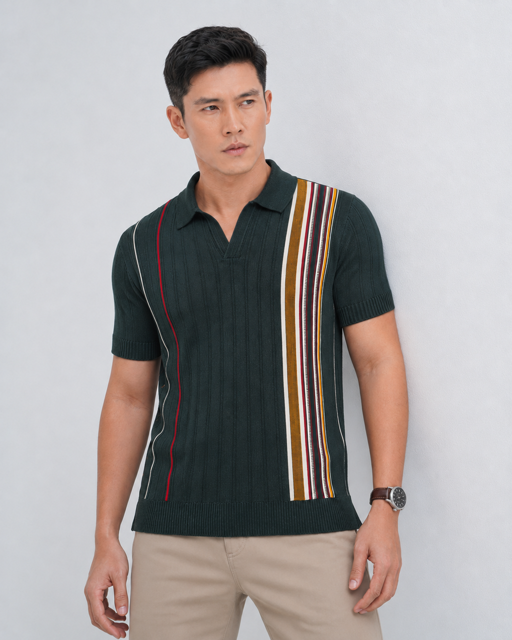 Men’s Premium Old Money Knit Polo Shirt – Heritage Green Stripe