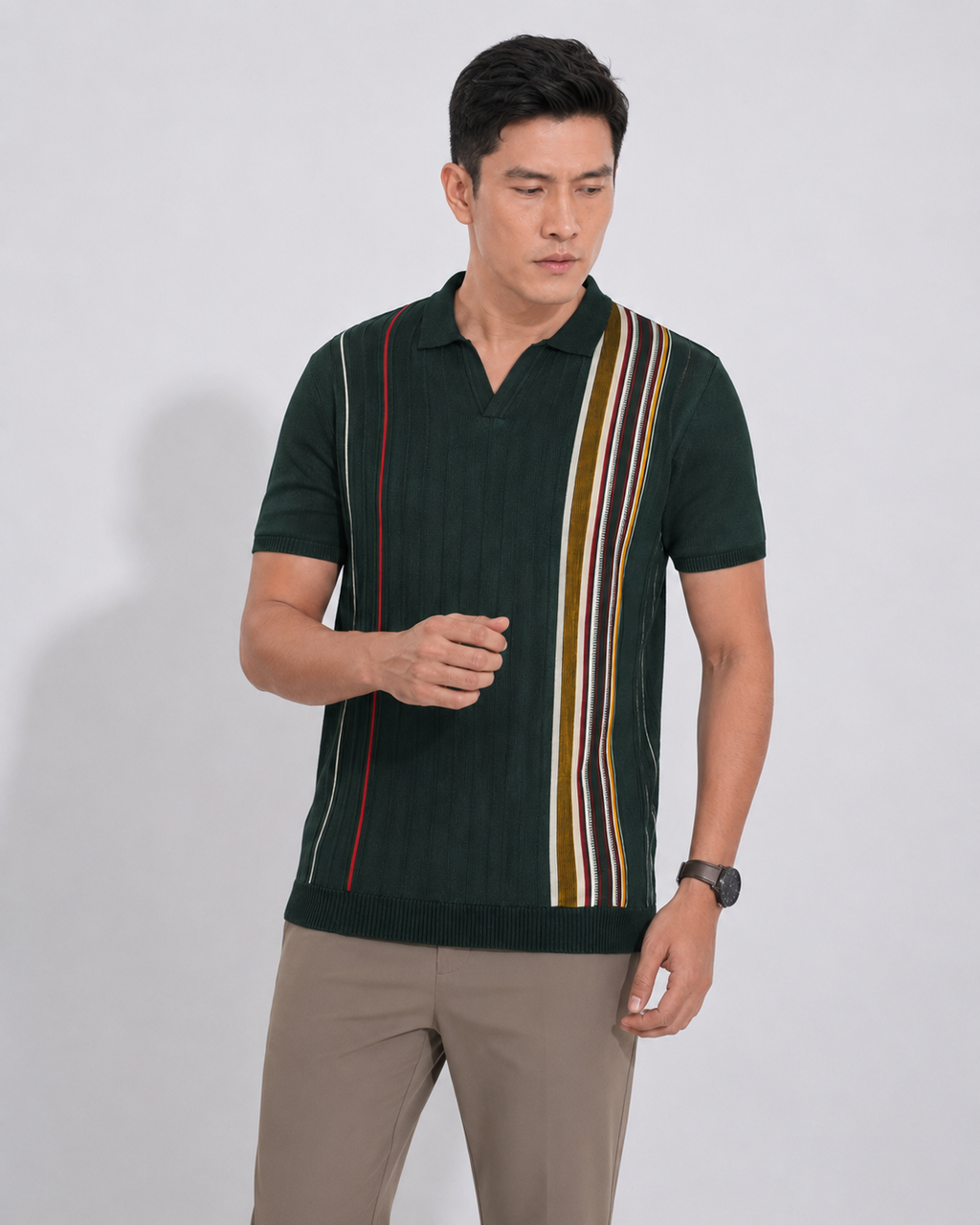 Men’s Premium Old Money Knit Polo Shirt – Heritage Green Stripe