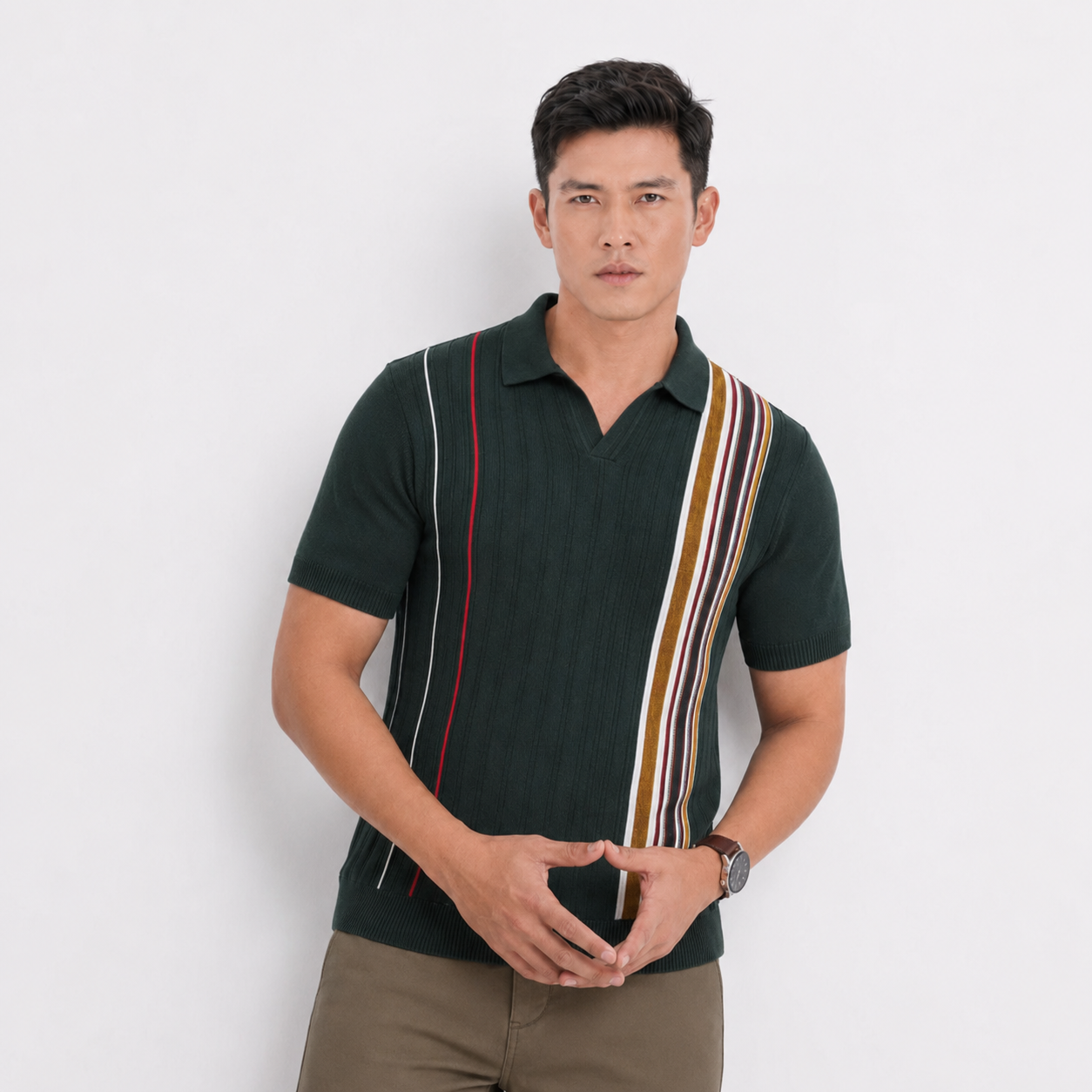 Men’s Premium Old Money Knit Polo Shirt – Heritage Green Stripe