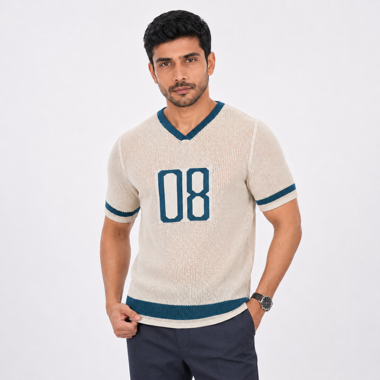 Men’s Premium Old Money V-Neck Knit Polo Shirt - Pearl Beige 08