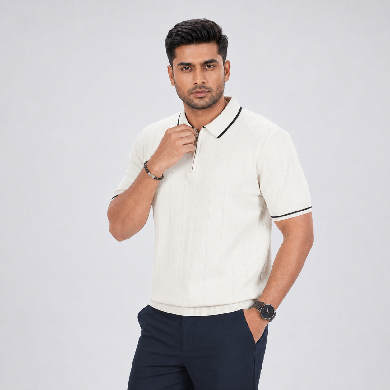 Men’s Premium Old Money Zip Knit Polo - Pearl White