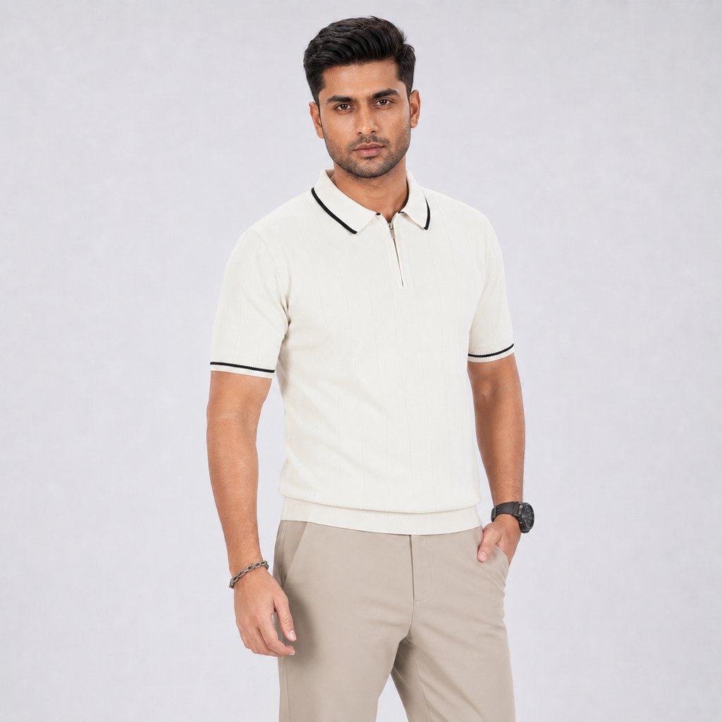 Men’s Premium Old Money Zip Knit Polo - Pearl White