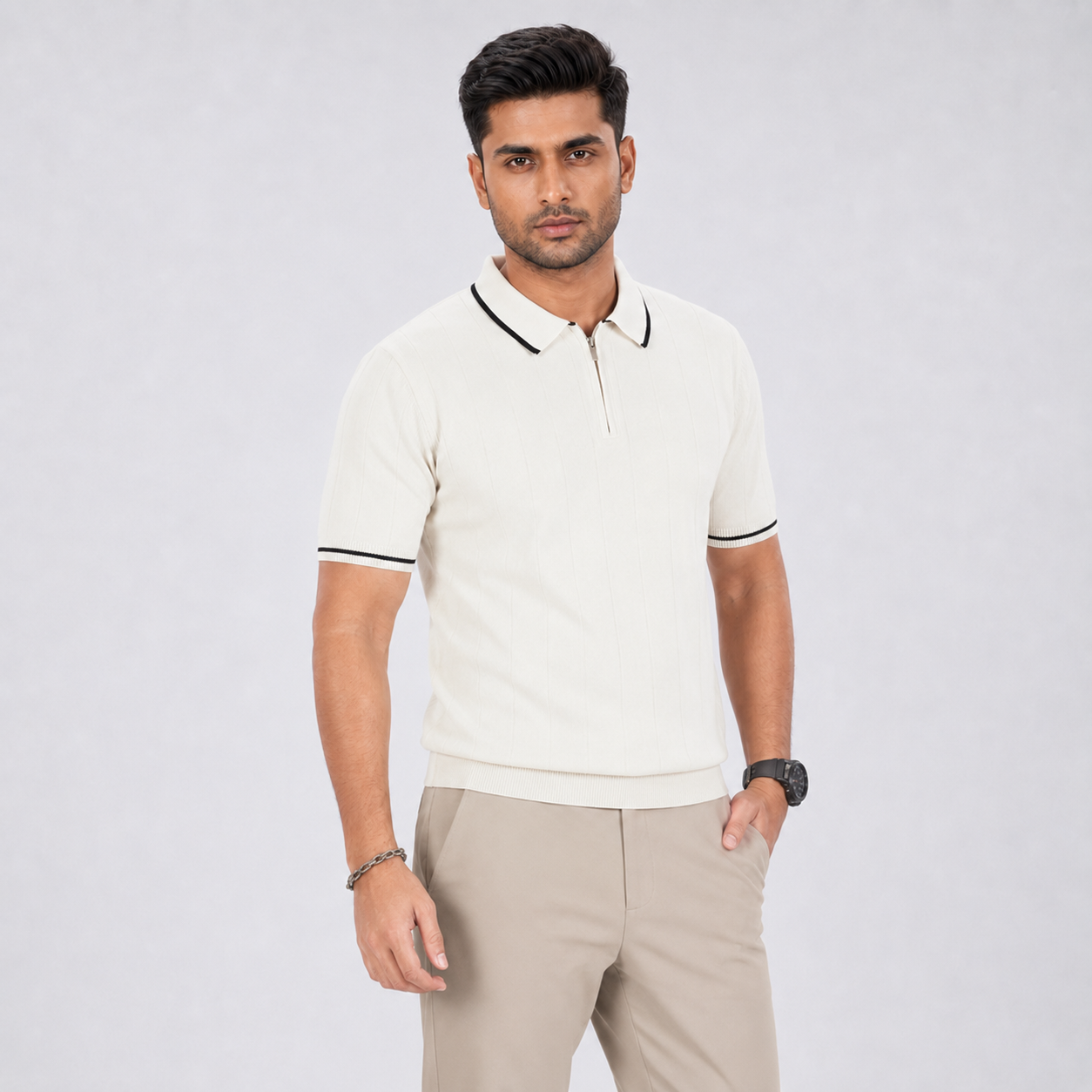 Men’s Premium Old Money Zip Knit Polo - Pearl White