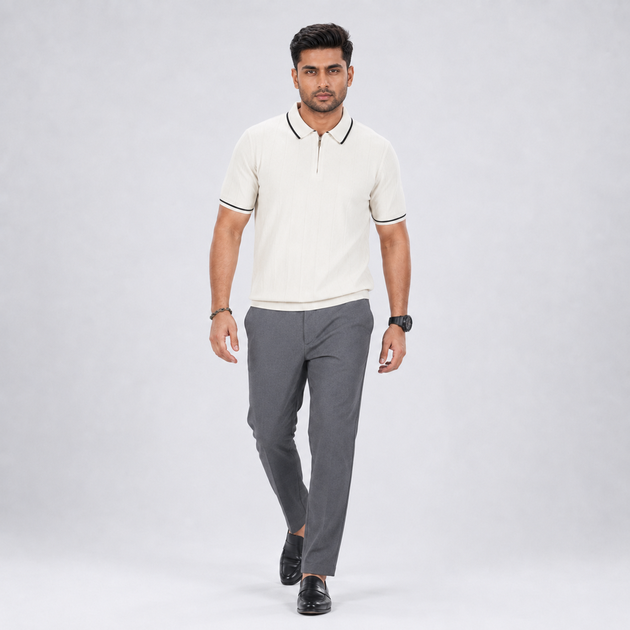 Men’s Premium Old Money Zip Knit Polo - Pearl White