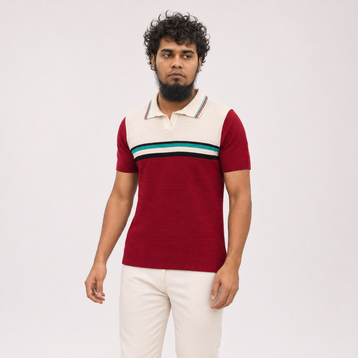 Men’s Premium Old Money Buttonless Knit Polo – Burgundy Ivory Stripe