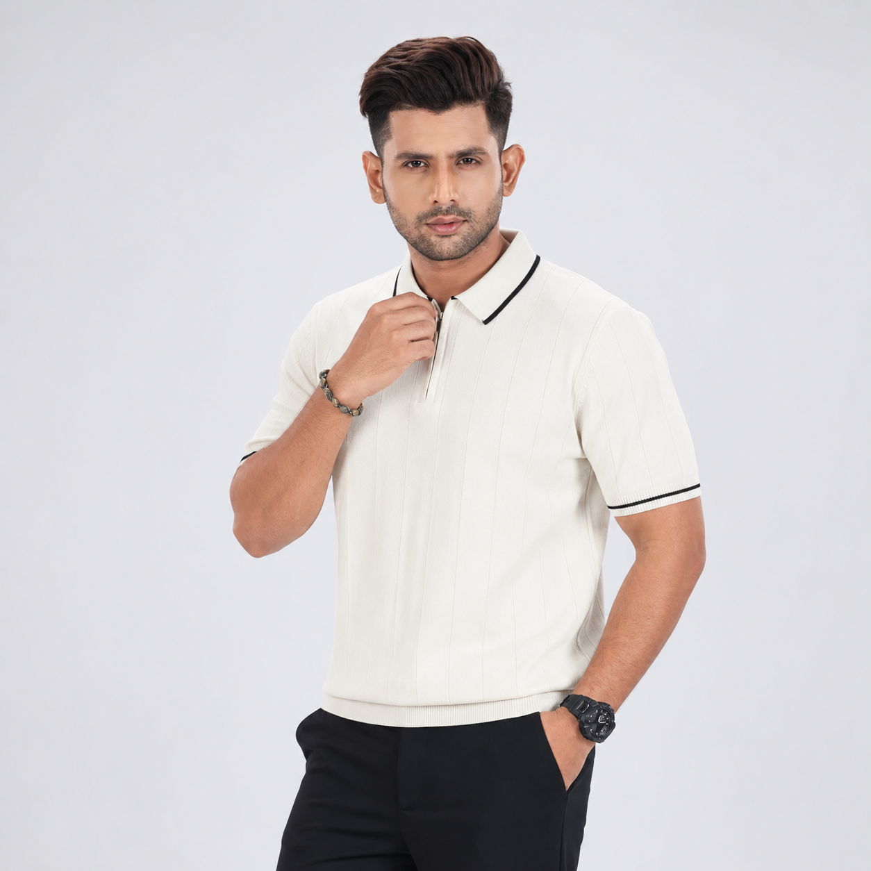 Men’s Premium Old Money Zip Knit Polo - Pearl White