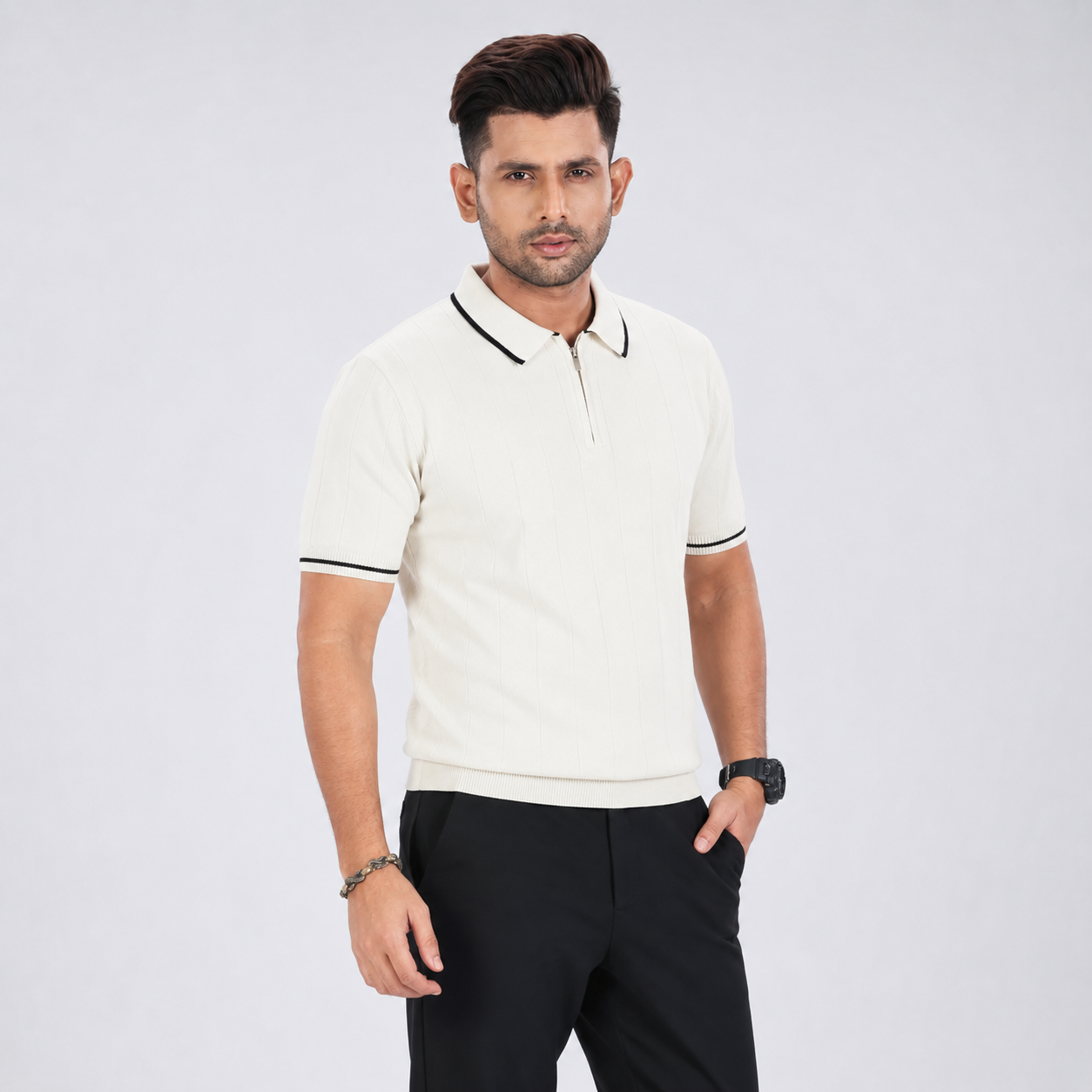 Men’s Premium Old Money Zip Knit Polo - Pearl White