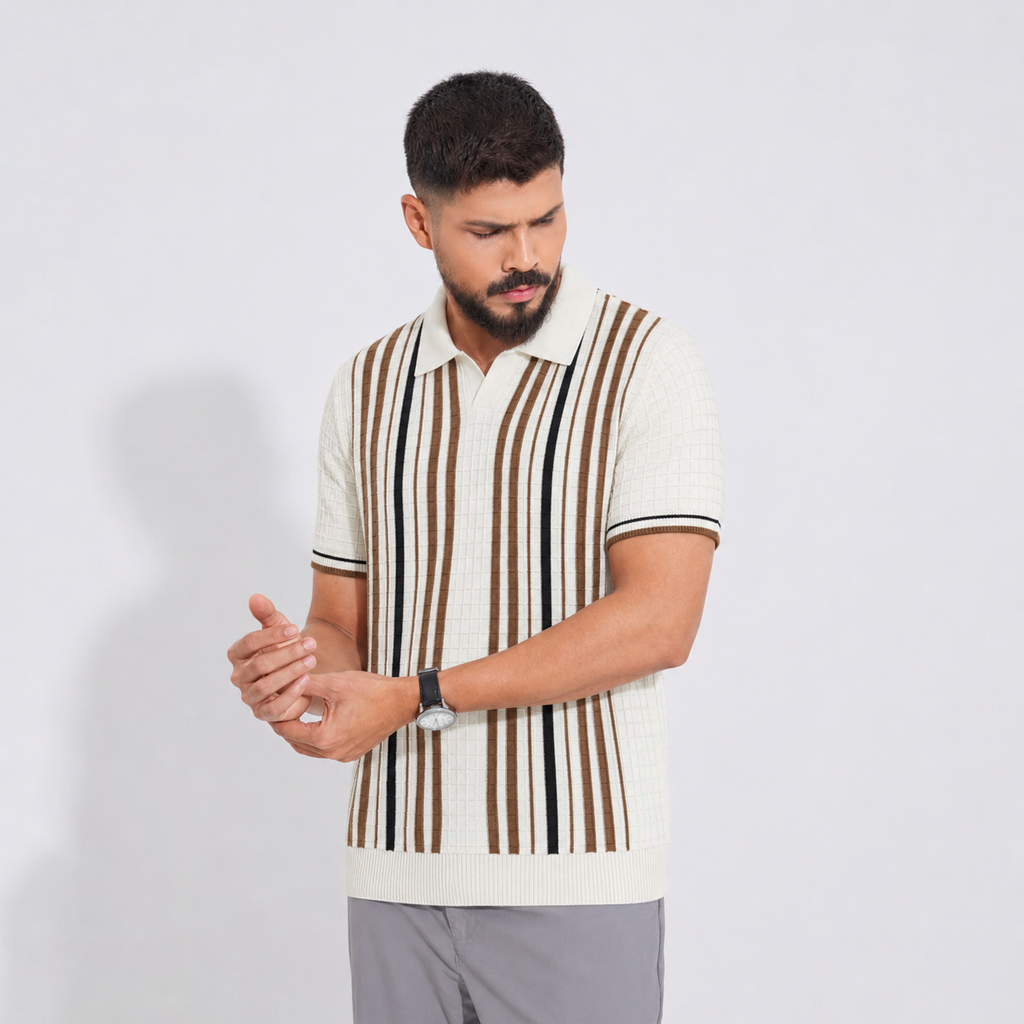 Men’s Premium Old Money Stripe Knit Polo - Ivory Cream