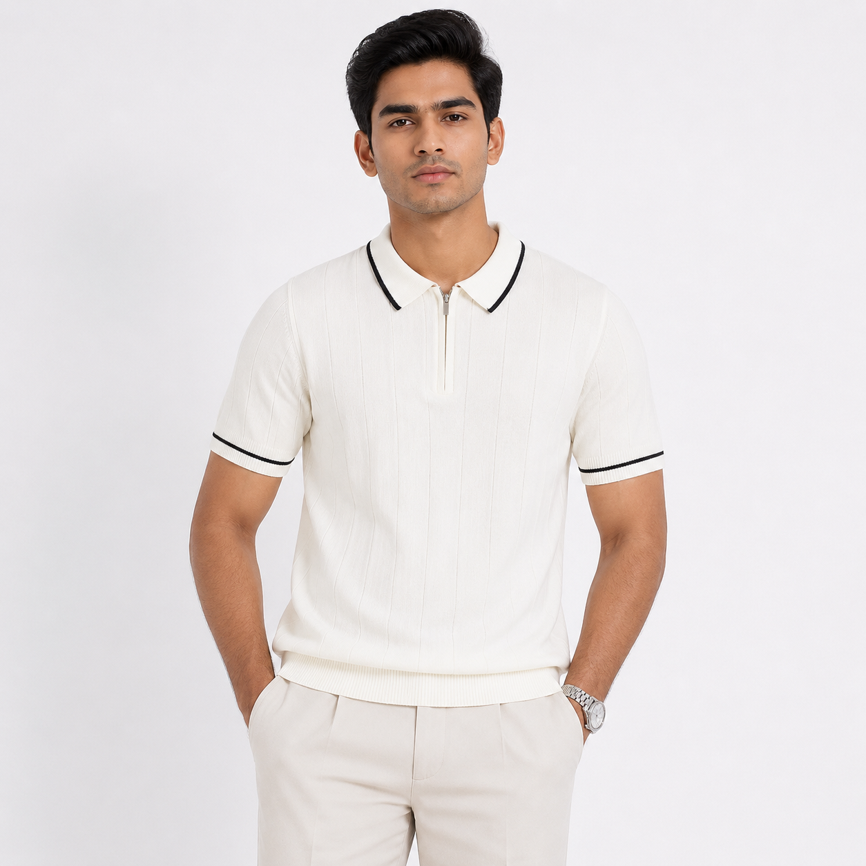 Men’s Premium Old Money Zip Knit Polo - Pearl White