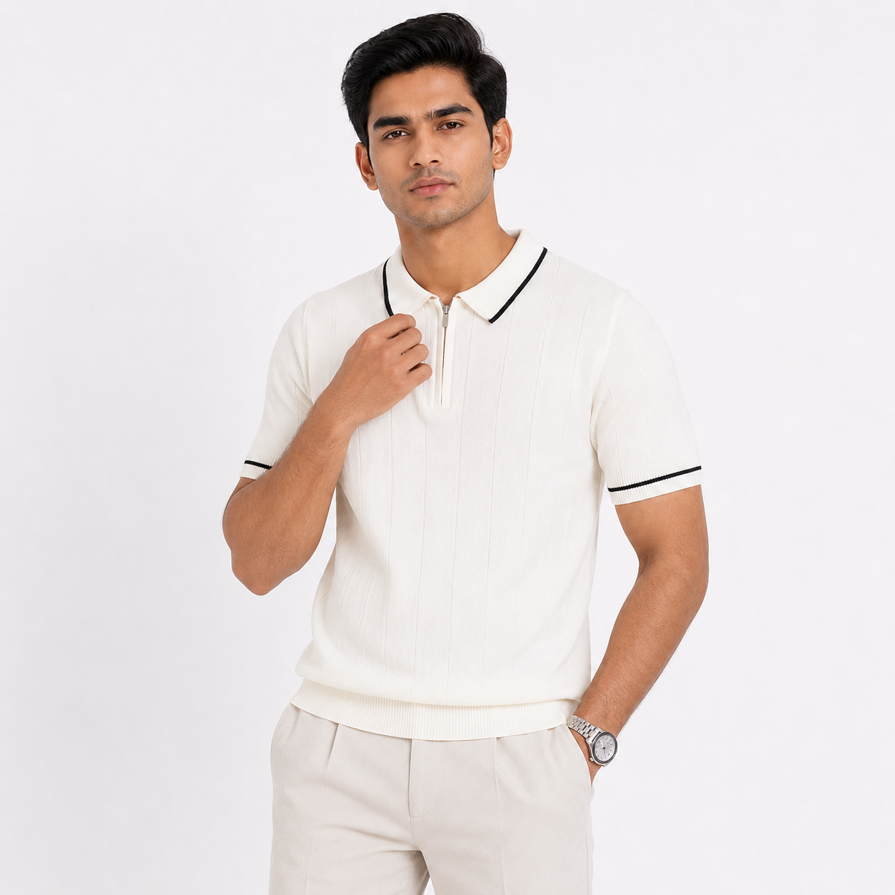 Men’s Premium Old Money Zip Knit Polo - Pearl White