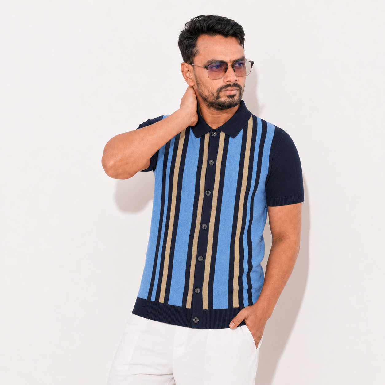 Men’s Premium Old Money Full-Button Knit Shirt – Striped Edition