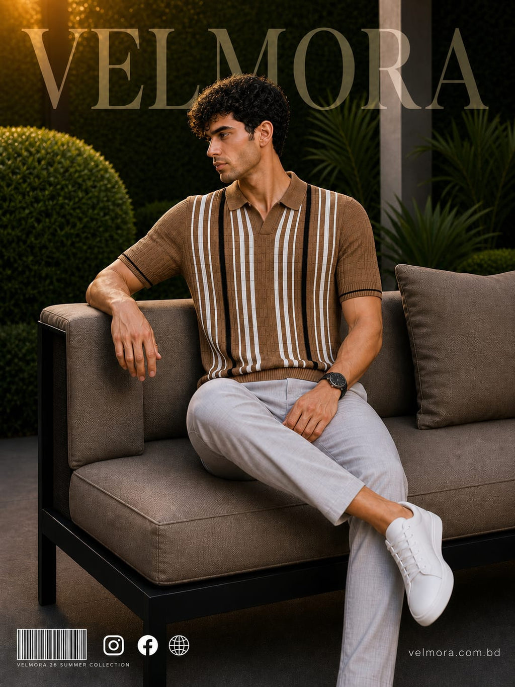 Velmora Luxury Heritage Old Money Knit Polo Shirt – Brown Stripe Edition