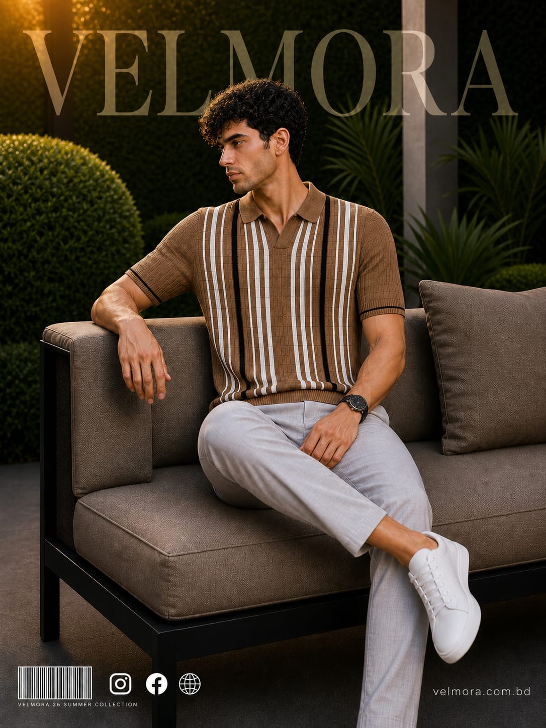 Velmora Luxury Heritage Old Money Knit Polo Shirt – Brown Stripe Edition