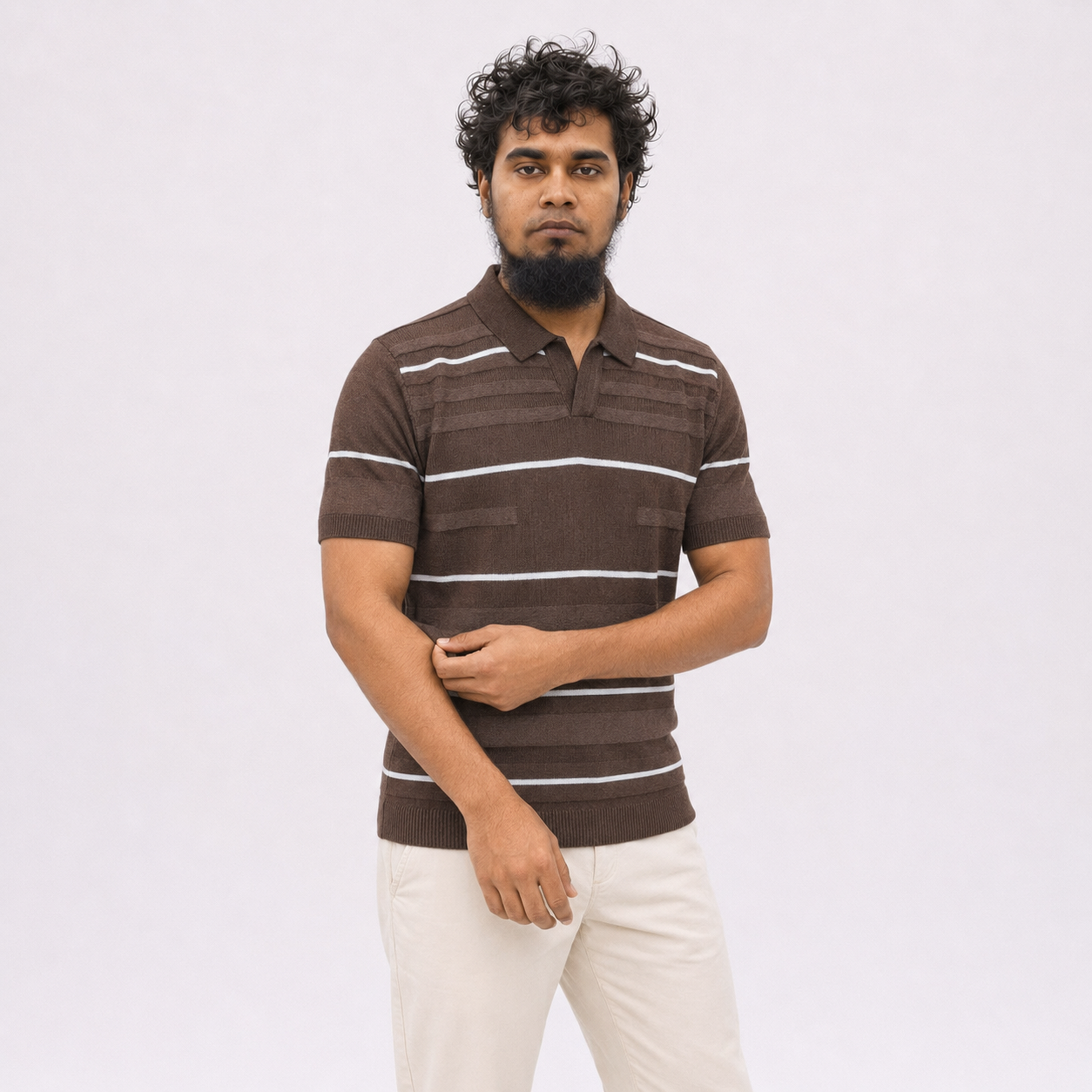 Men’s Premium Old Money Buttonless Knit Polo Shirt – Mocha Brown