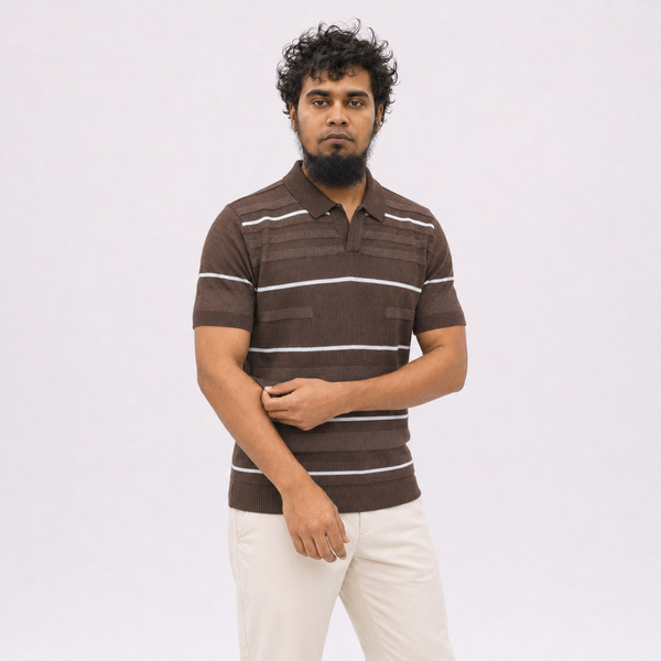 Men’s Premium Old Money Buttonless Knit Polo Shirt – Mocha Brown
