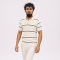 Men’s Premium Old Money Buttonless Knit Polo – Ivory Navy Stripe