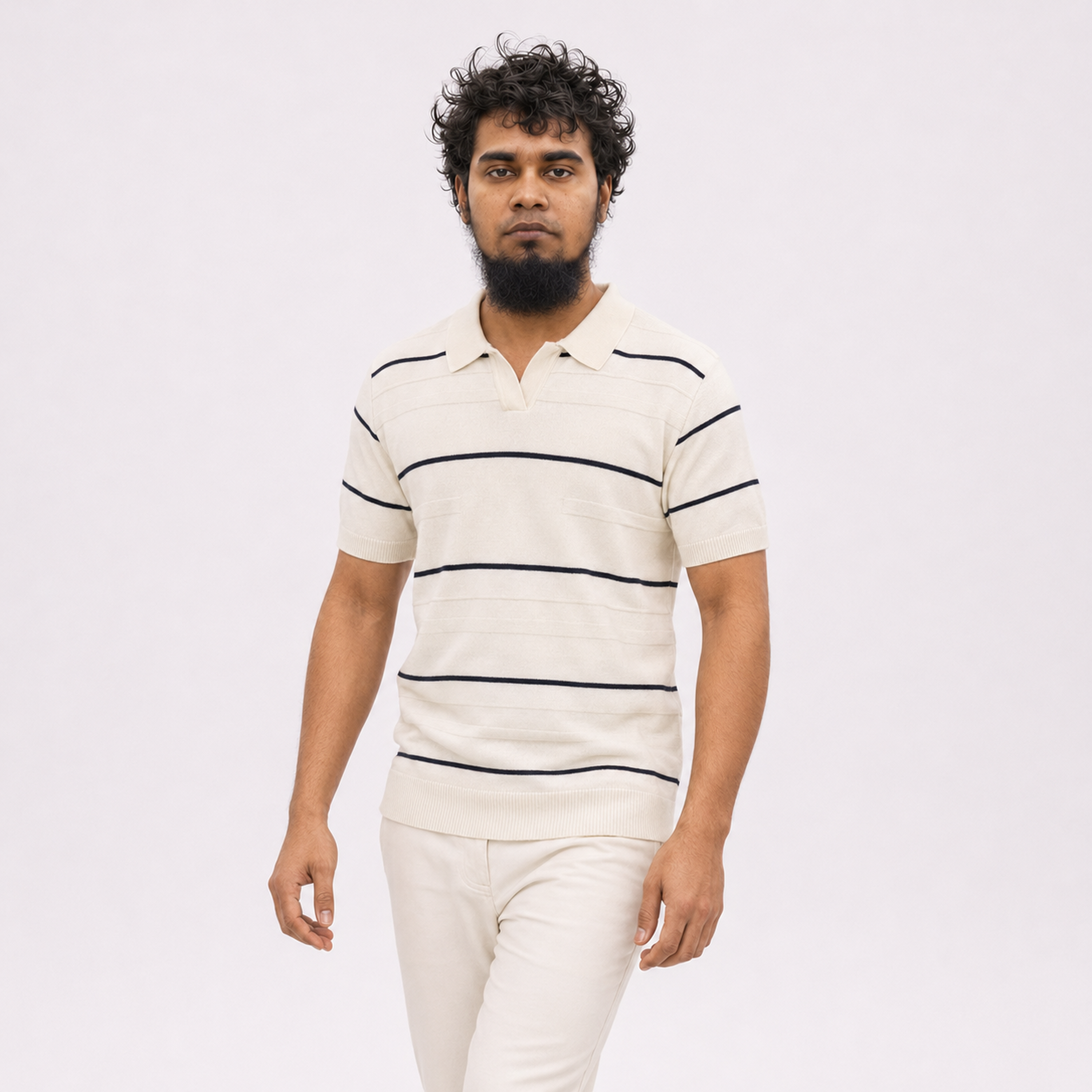 Men’s Premium Old Money Buttonless Knit Polo – Ivory Navy Stripe
